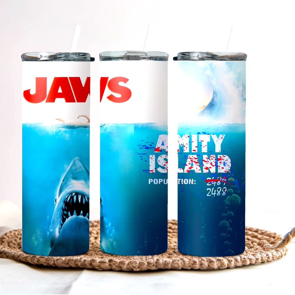 JAWS movie inspired tumbler with lid and straw.